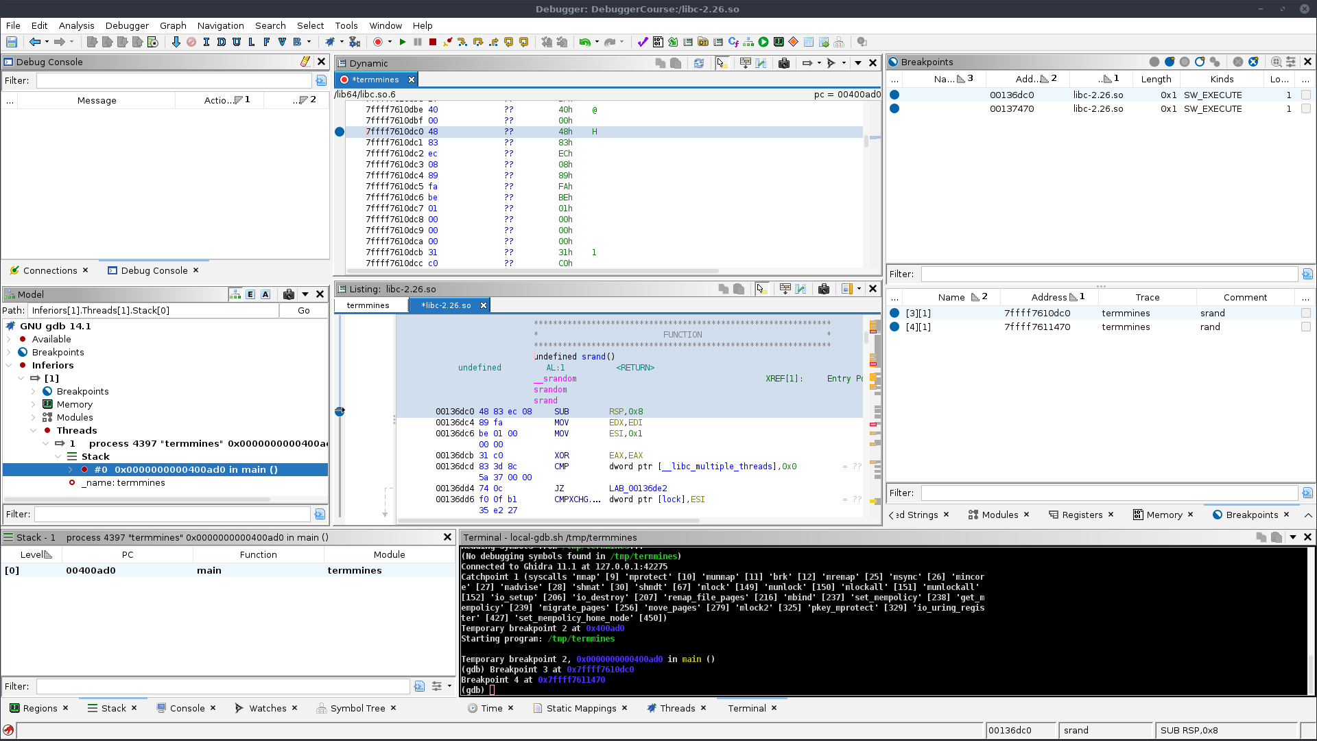 The debugger tool with breakpoints synchronized after importing libc