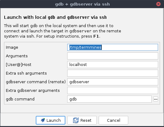 Connect dialog for gdb + gdbserver via ssh