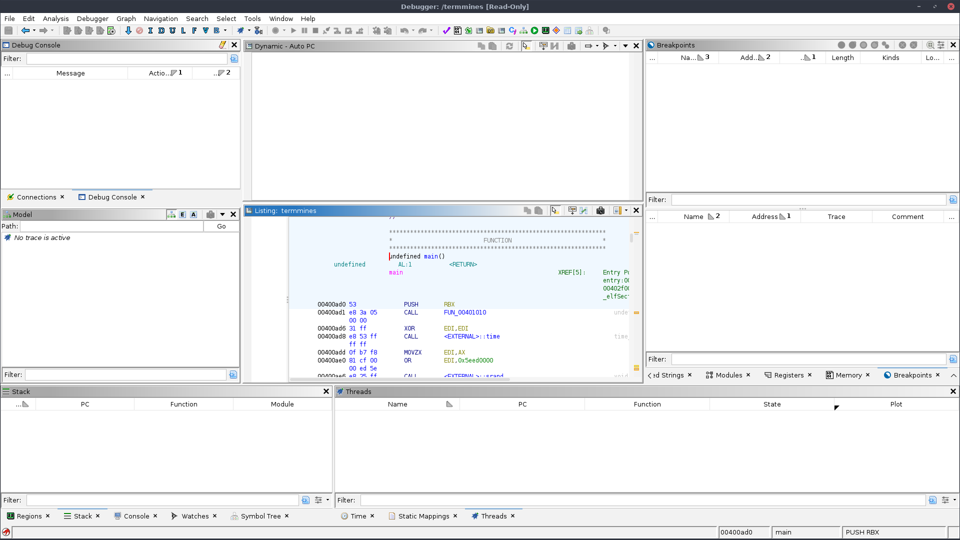 Debugger tool with termmines open